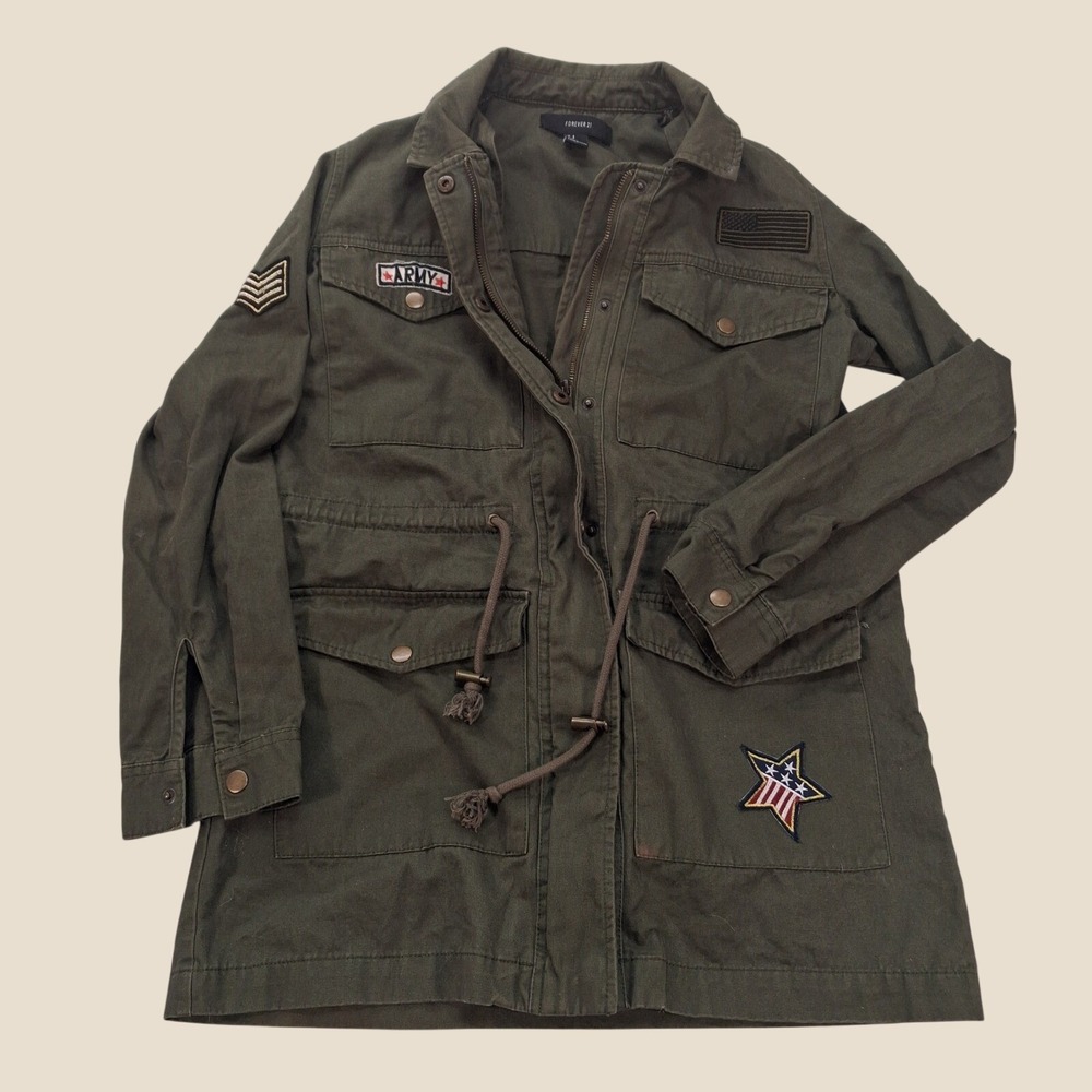 Forever 21 Jacket Womens Small Military Field Olive Green Patches Utility GOOD